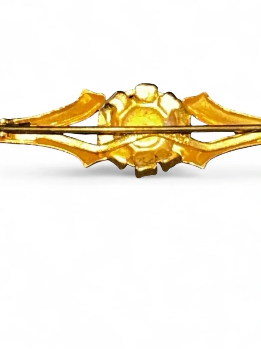 Vintage Gold Tone Bar Brooch with Dark Blue Center and Clear Accents